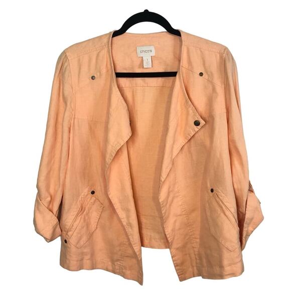 Chico's Size 1 Women's Medium Peach Colored Linen Jacket Drape Front Lightweight - Picture 1 of 7